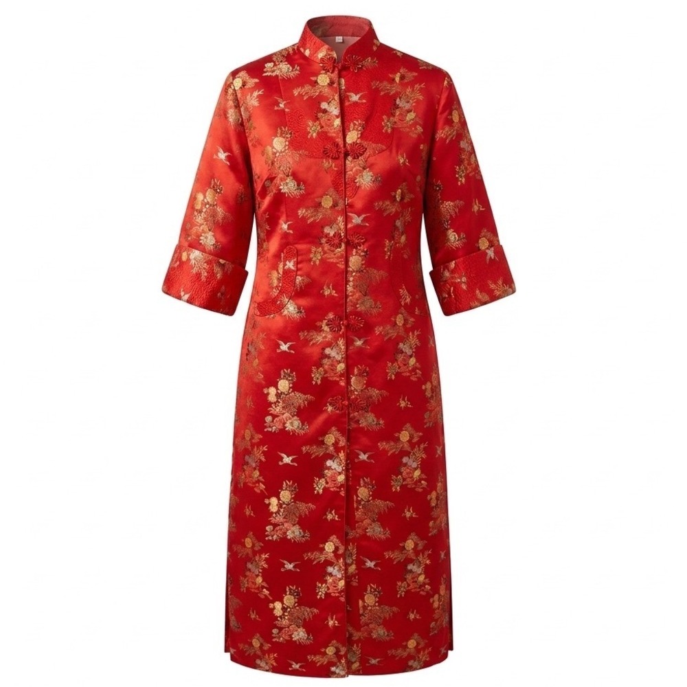 Vintage Peony Brand Shanghai China Red Brocade Crane Floral Duster Jacket 34